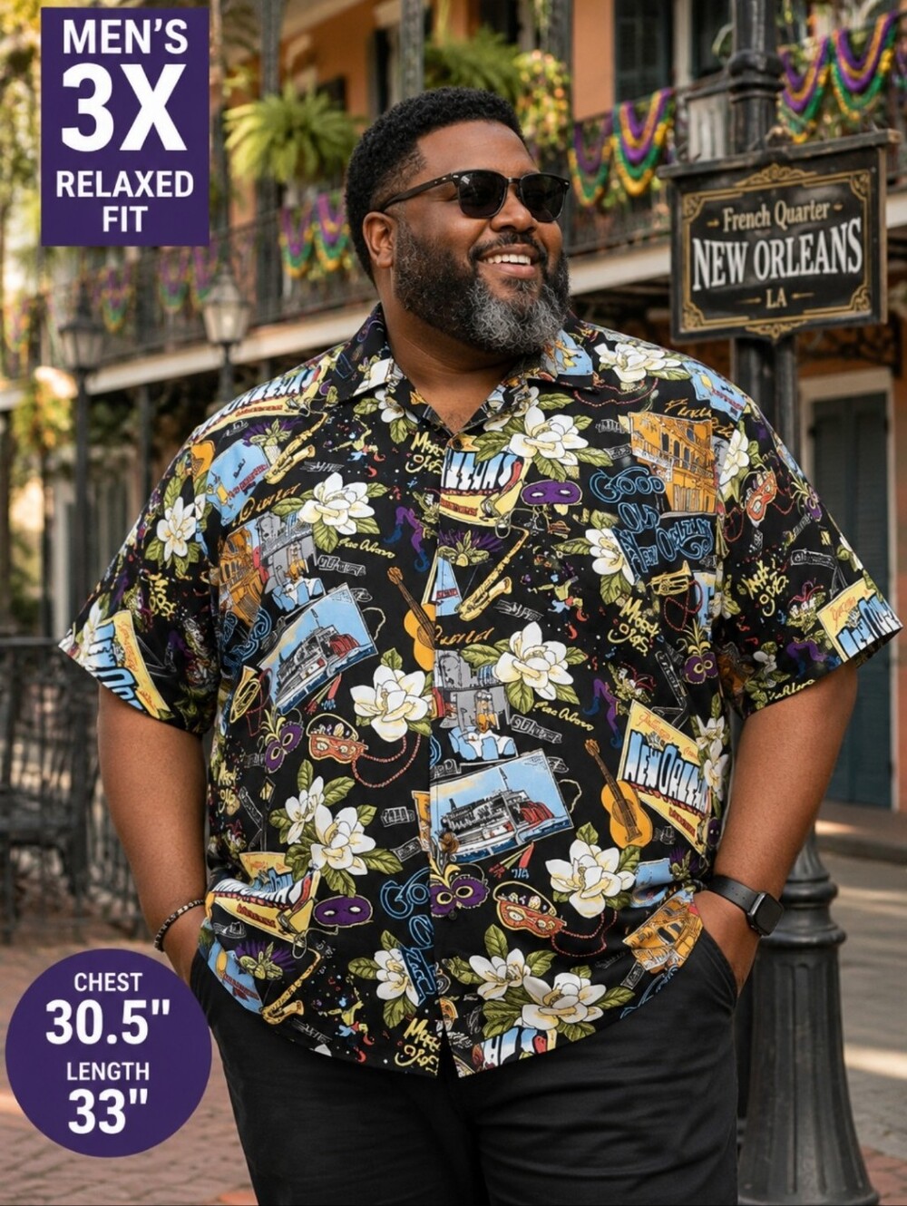 Dem Crazy Men's 3X New Orleans Mardi Gras Hawaiian Shirt French Quarter Black